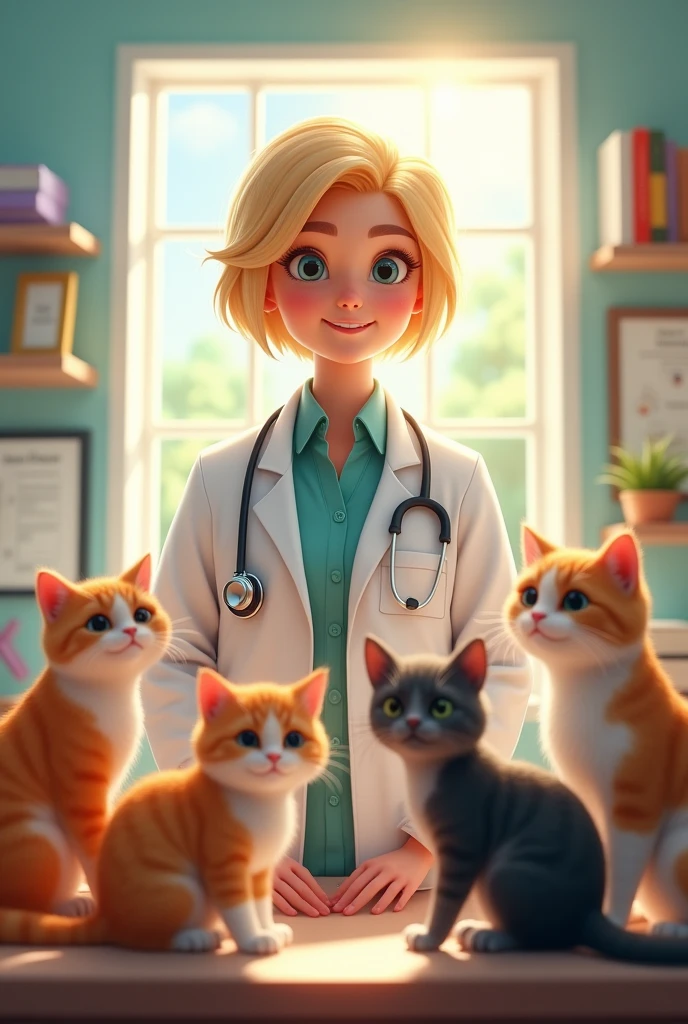 (best quality,realistic), blonde hair, short, white coat, veterinarian, doctor's office, surrounded by 4 cats, photo-style, vibrant colors, soft lighting