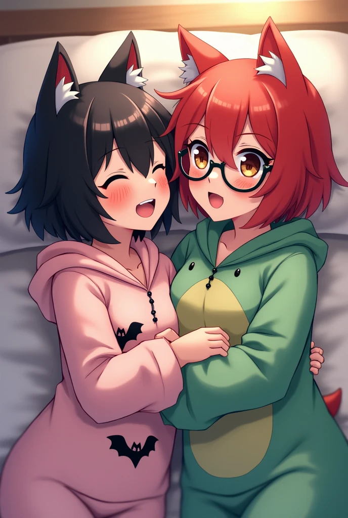 one girl has black wolfcut hair, wearing a cute bat pajama with hoodie. the other girl has red shoulder length wolfcut hair, wearing black glasses, brown eyes, wearing a cute green dinosaur pajama with hoodie. they're in bed laughing 
 