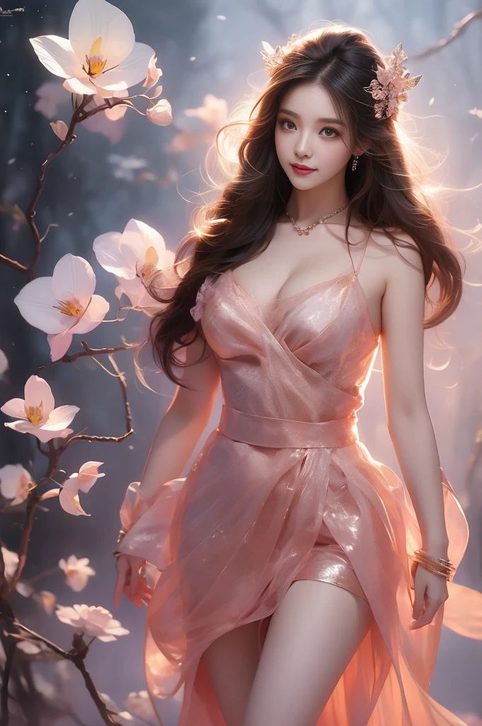 wuxian-xsg(Quality Improvement:1.4),1 girl, Full breasts,Visible cleavage,Sexy long legs,The skirt is very short,She gently lifted her skirt with one hand,Surrounded by white Phalaenopsis orchids,Lilac dendrobium、White Lily, Flying petals,(Top quality leather), Delicate face,Black Hair, Gradient hair, Body,(Body1.1), He has a precious gem on his forehead..., brilliant student,Long eyelashes,Smile, Surrealism, Movie Lighting, Projection Insert, Surrealism, Ultra HD, masterpiece,lie,Keep dreaming,Open your legs slightly.,Tattoo,Fantasy Space,Luxurious space,Exquisite makeup,blush,Shy expression