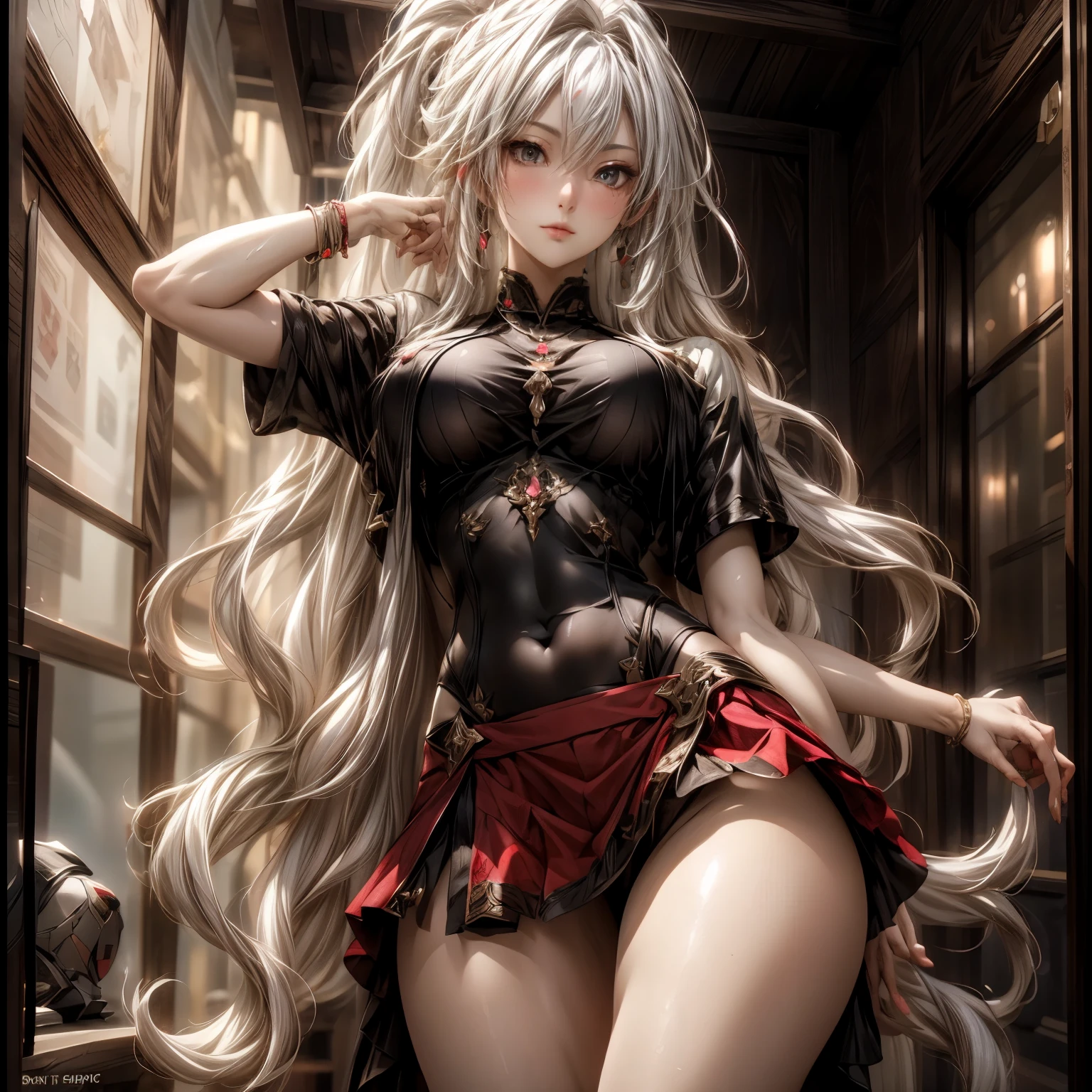 (best quality)), ((Masterpiece)), (details:1.4), 3d, HDR (high dynamic range), an image of a beautiful cyberpunk female, Fantasy, Medieval, Cyberpunk, Pink hair, High ponytail, Hips up, Beautiful White eyes, จมูกโด่ง, ปากแดง, หน้าอกใหญ่, nvidia RTX, PBR surface, After processing, Anisotropic filtration,depth of field, Maximum clarity and clarity, multi-layered surface, Subsurface scattering, perfect proportions, 8K raw files, ultra detailed, Perfect proportions, volumetric lighting, soft lighting, Holy Paldin, Heavy Golden Armor, Black dress, intricate Golden embroidery, glossy skin, Bed room Background, jewely, ต่างหู, นิ้วมือสมบูรณ์, mini red skirt,