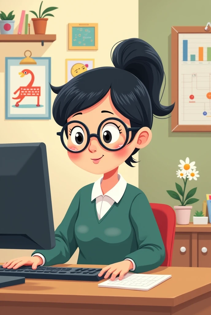 The female director of the kindergarten tied her black hair into a ponytail. She was slightly fat and wore glasses. Cartoon version. She was working in front of the computer. Cartoon version.