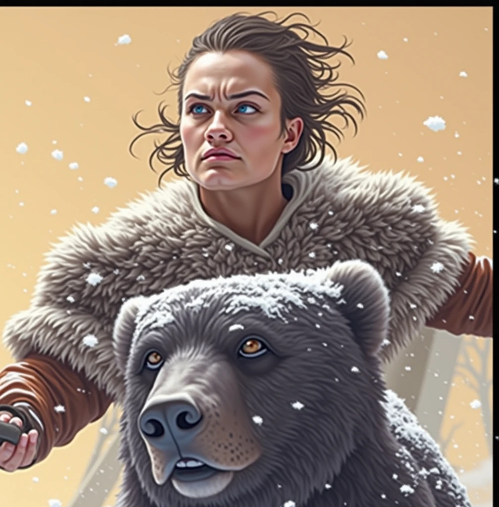 photorealistic of a female Viking warriors with long hair wearing a brown bear fur cloak riding a huge brown bear, detailed face, beautiful woman, holding axe with one hand, charging forward, cowboy shot, snow storm, secluded background, snow forest background, dramatic lighting, high contrast 