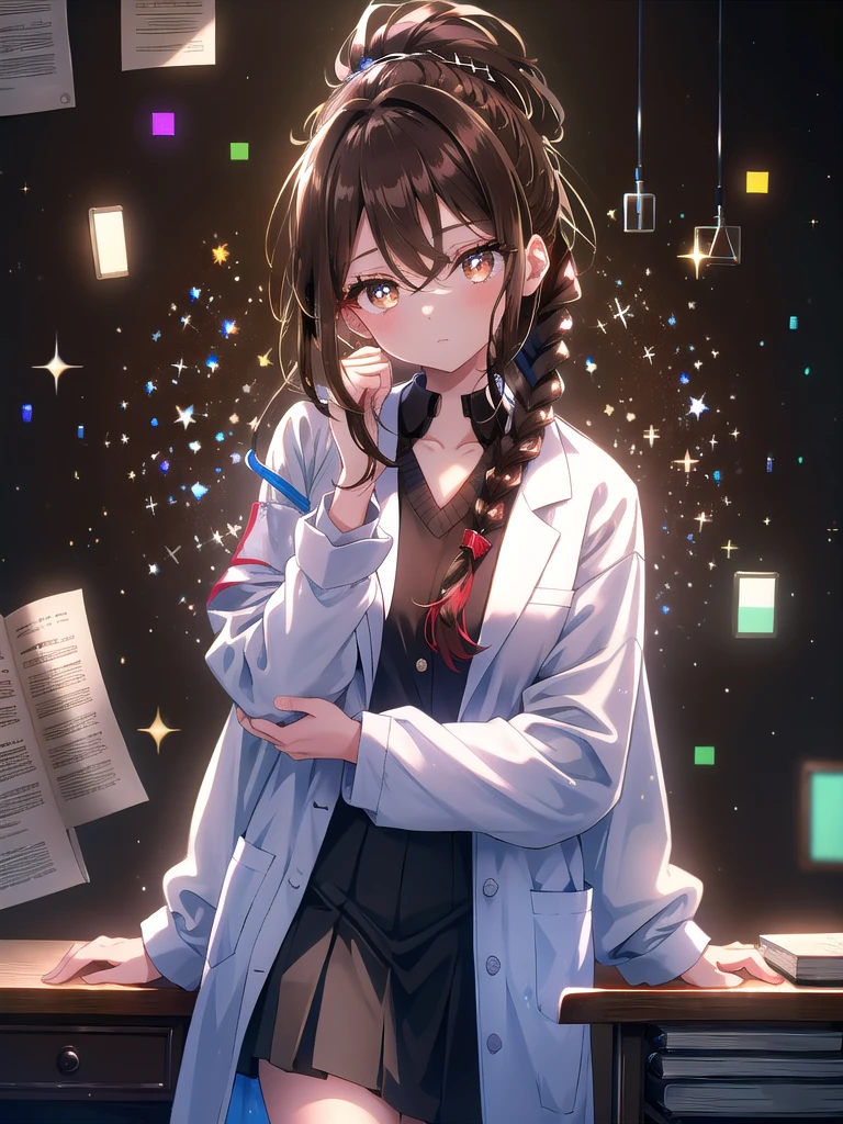 ((8k, Highest Quality, Masterpiece: 1.3)), Ultra High Resolution, (One Girl, One Person), (Color Changing Eyes, Super Detailed, Expressive Shine, Sparkling, Glowing Eyes), Highly Detailed Eyes, ((8k, Highest Quality, Masterpiece: 1.3)), Ultra High Resolution, (One Girl, One Person), (Color Changing Eyes, Super Detailed, Expressive Sparkle, Sparkling, Glowing Eyes), Highly Detailed Eyes, Calm at Desk
Her black braided hair is tied up in a single ponytail, and her brown eyes shine intelligently. At her desk in the nurse's office, she is wearing a sweater and a tight skirt, and a knee-length lab coat, and she is resting her elbows on the desk and supporting her chin with a thoughtful expression. In the background is the nurse's desk, with medical books and prescriptions neatly arranged. The lab coat is clearly depicted from the shoulders to above the knees, and the camera angle is set slightly upward from the side of the desk, highlighting her black braided hair, brown eyes, and knee-length lab coat.