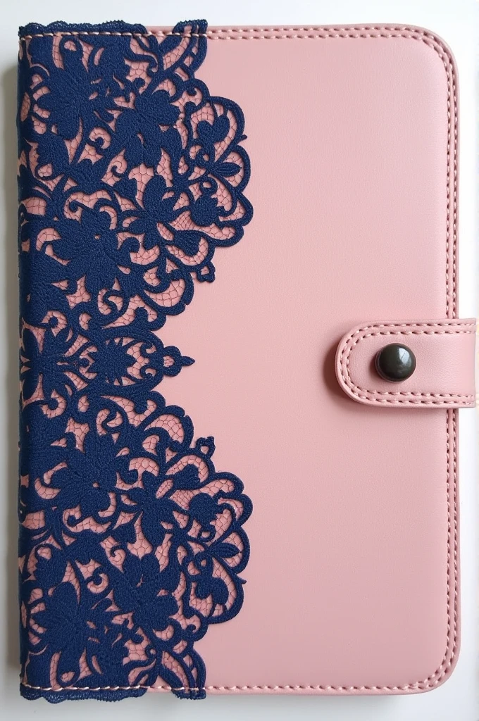 Double fabric diary cover which is navy blue and pink in colour. The pink is a baby pink shade, which is the base of the diary, whereas the navy blue is the lace on the diary cover.