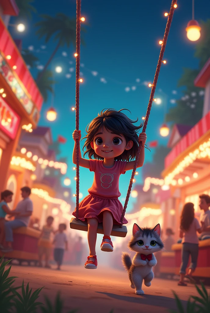 At the Festival:"A vibrant village festival at night, with colorful lights, decorations, and people enjoying various activities. Ayesha is seen playing games and riding swings, with kitten always close by, following her everywhere."