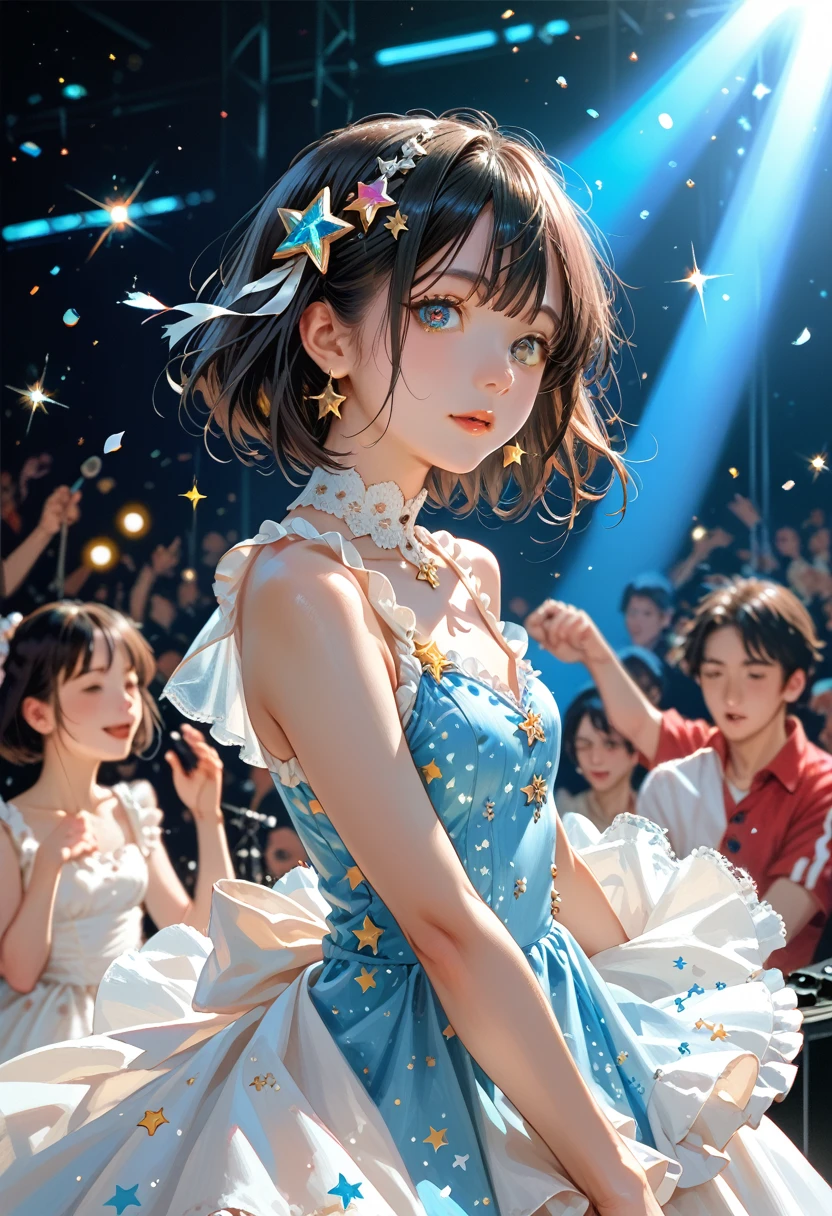 1 girl, One, Best quality, masterpiece , rubi hoshino,  hair ornament, sparkling eyes, star on the eye, (star on the right eye:1), (dress:1.4), (concert 1), On the stage,