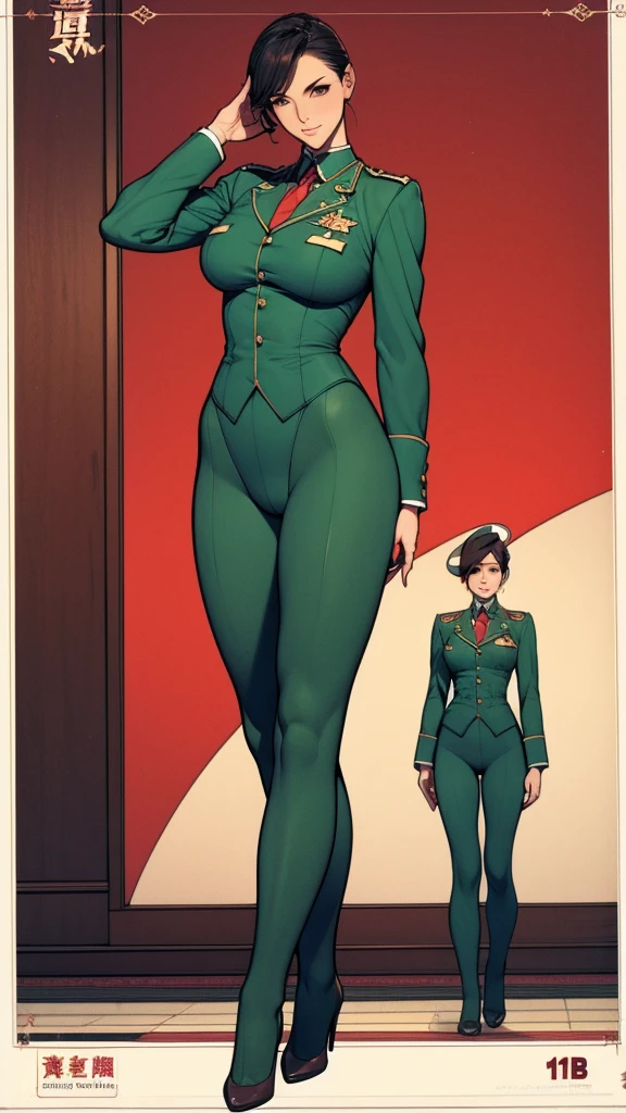 Full body picture:(masterpiece:1.2, best quality),(Very detailed),8K,wallpaper,1 female,Full body picture,Black pantyhose,Female Soldiers,military uniform,绿色military uniform,织物纹理military uniform,leotard,Dark green tie,Tall figure,Long legs,muscular,salute