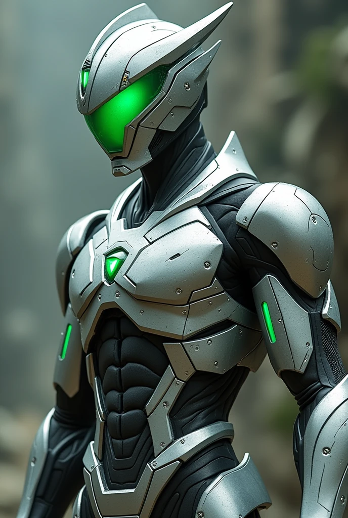Kamen Rider, Silver armor suit with green line color, slim body, green colored small sharp eye visor, futuristic. Mecha helmet.