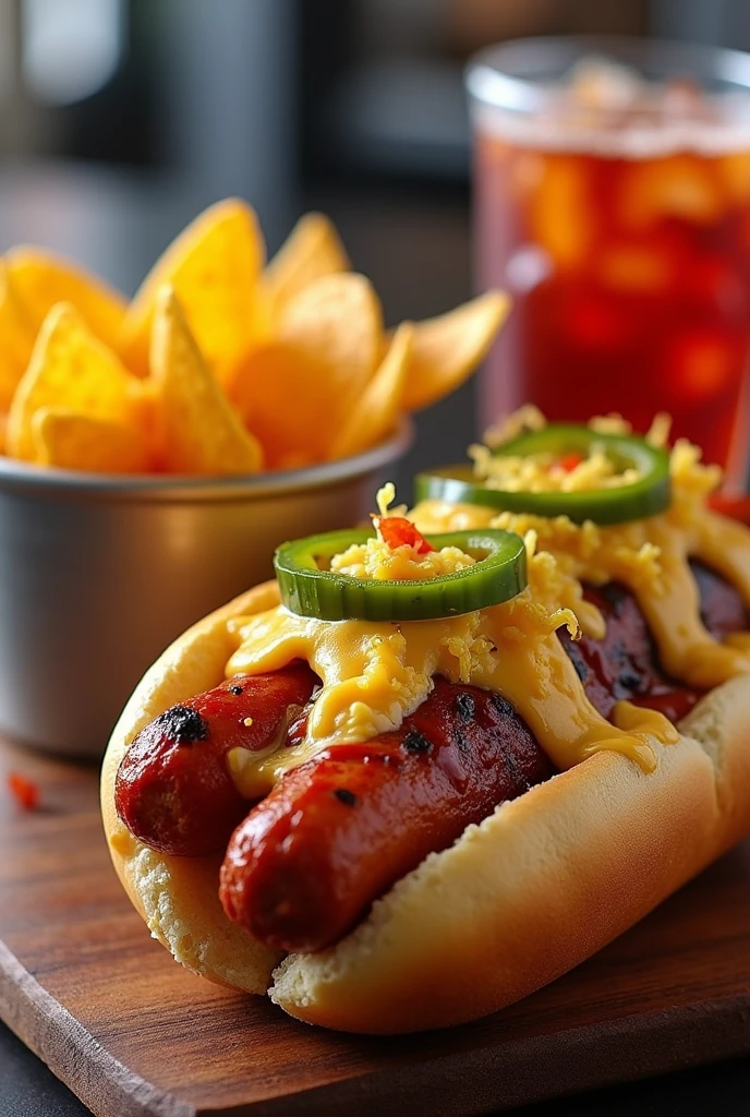 Un menu de 1 hot-dog avec sauce ketchup moutarde avec un ravier de dortillas maïs mis en valeur sauce cheddar et et jalapeños oignon frit et une boisson à New-York