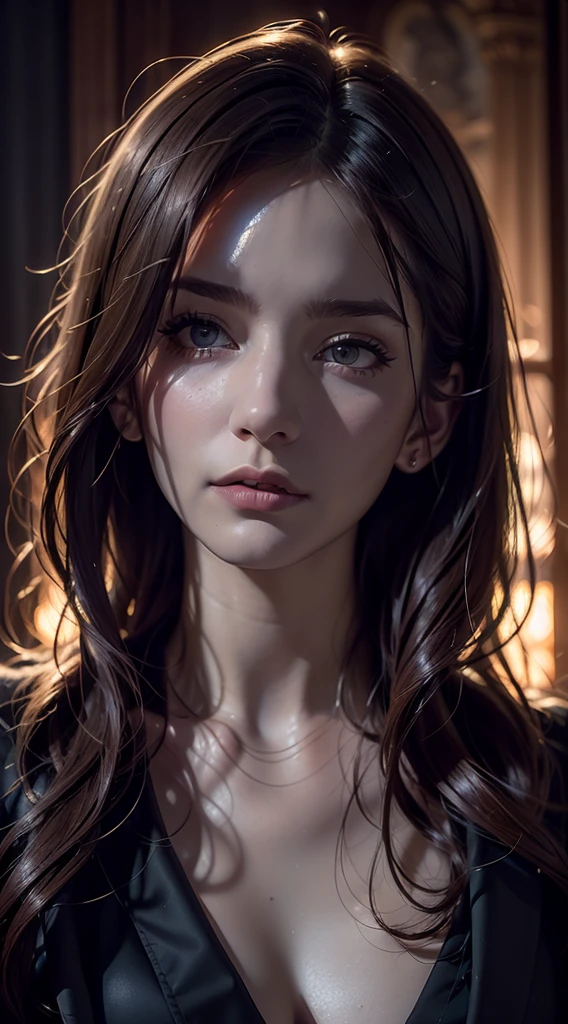 Hyperrealist female portrait by David Hockney and Alphonse Mucha, fantasy art, photorealistic, dynamic lighting, art station, poster, volume lighting, highly detailed face, 4K, award-winning, (Dark: 1.6), One Girl, In the Dark, Deep Shadows, Low Key, Portrait, Long coat, Short hair, Red hairs, Unreal engine 5 style.