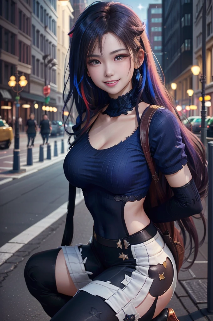 a close up of a woman in blue tights on a city street, blue iconic character, ross tran 8 k, ross tran style, hero pose colorful city lighting, in the style of ross tran, 8k artgerm bokeh, rossdraws cartoon vibrant, very beautiful cute catgirl, ilya kuvshinov. 4 k, inspired by Ross Tran, blue girl, smile with teeth showing, close up,