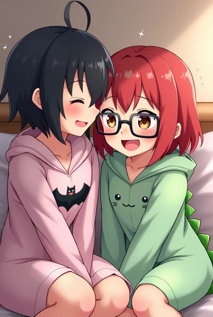one girl has black wolfcut hair, wearing a cute bat pajama with hoodie. the other girl has red shoulder length wolfcut hair, wearing black glasses, brown eyes, wearing a cute green dinosaur pajama with hoodie. they're in bed laughing. chibbi
 