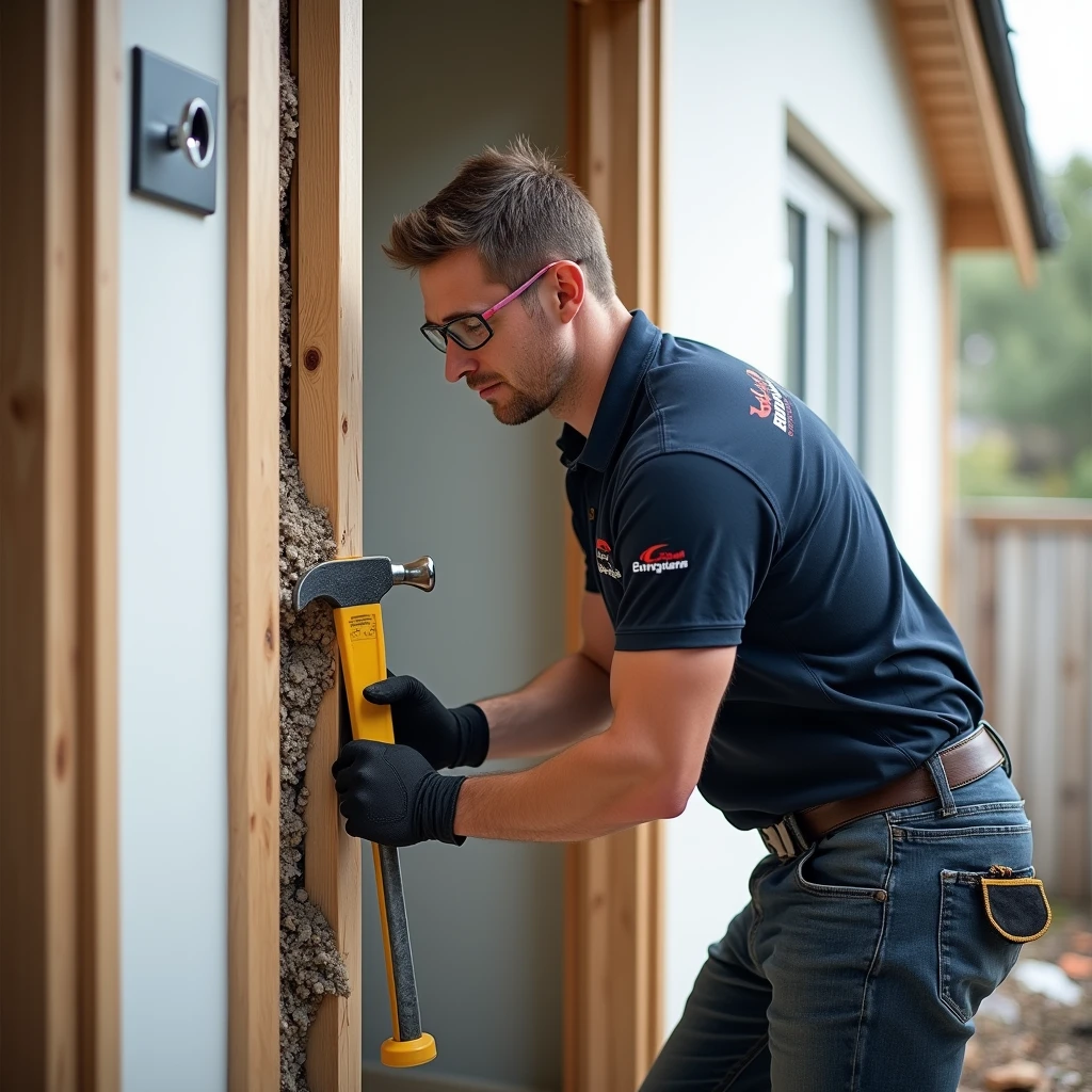 Create a professional and realistic image for an online store that offers door installation and maintenance services, focusing on the task of expanding a doorway on one side. The image should depict a skilled worker carefully widening one side of a doorway, using tools such as a hammer, chisel, or saw to precisely remove material. The worker should be dressed in branded, professional attire, with protective gear like safety goggles and gloves. The setting should be a residential or renovation site, with the doorway partially expanded, highlighting the meticulous work involved in modifying the structure. Subtle branding elements, such as logos on the worker’s uniform or tools, should be included to reinforce the company’s identity. The overall scene should convey professionalism, attention to detail, and expertise in making structural modifications to doorways.