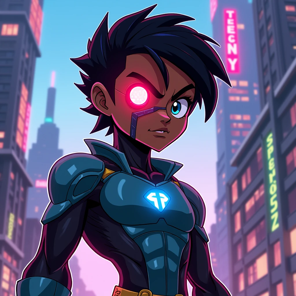 Cartoon 2D, syborg, teen titans, big black man, blue, city, نصف صورت رباتی با یک چشم قرمز