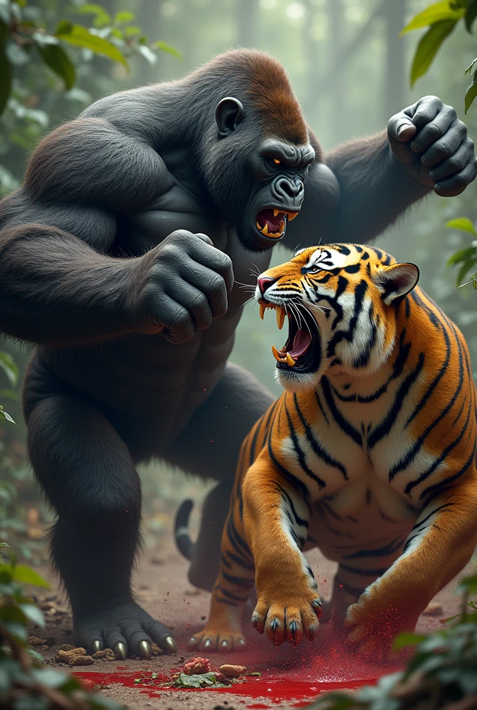 The gorilla muscular bodybuilder  hits the tiger muscular bodybuilder with his right hand and the tiger bleeds in its stomach.