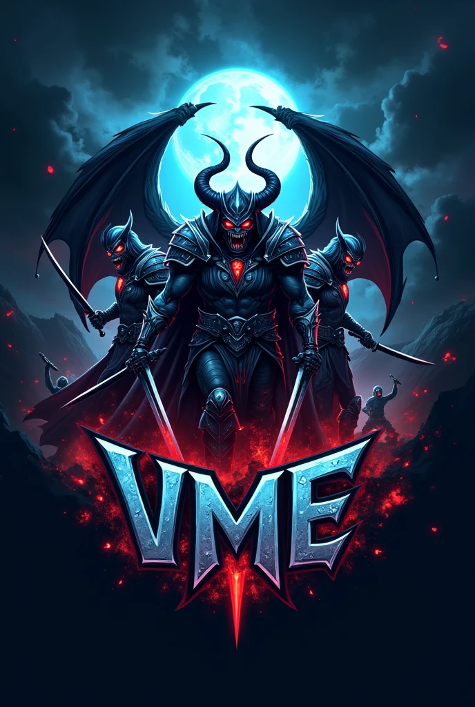 Create a logo for the VME ELITE clan in blue with a war background with vampires in the background