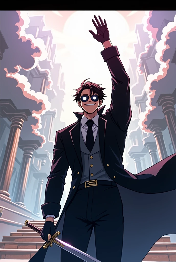 ((illustration)), (best quality)), ((masterpiece)), (detailed), teenager, 1male, black hair, jacket, black gloves, long coat, sunglasses, leather, solo, anime: 2, city, night, flat color, throne room, holding sword, glowing eyes, crazy smile, cinematic, epic, anime, fire, explosion, kingdom background, crown, One piece style, stairway, King,