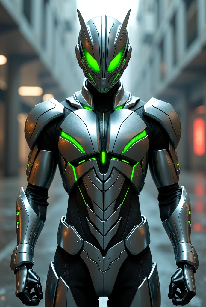 Kamen Rider, Silver armor suit with green line color, slim body, green colored small sharp eye, futuristic. Mecha helmet. 