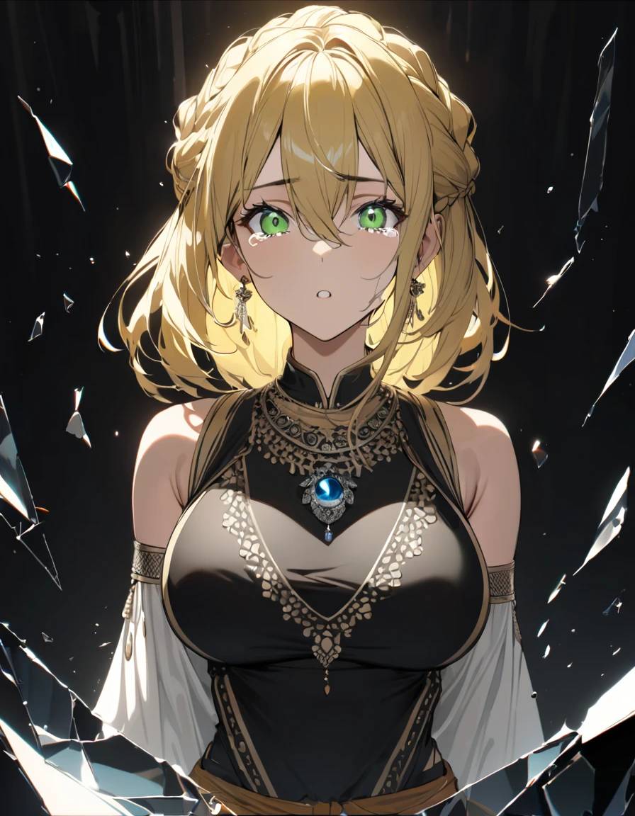 (masterpiece)、(absurdres)、(ultra detailed)、(8k),Anatomically correct,long shot:1.4,(solo woman:1.1,long yellow hair:1.1,hair between eyes,french braid:0.8,big breast:0.9,BREAK,green eyes,shock eyes:1.2,little round sapphire pendant:0.9,black stripes indian costume:1.1,upperbody shot:1.2,looking viewer,from front,Broken black glass:1.1,simple white background:1.3,cinematic lighting:1.3,hair blowing,tears:1.2,