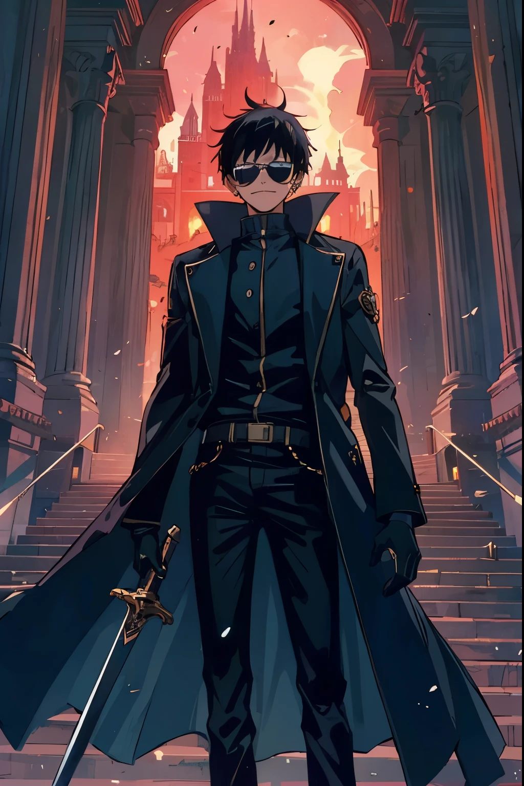 ((illustration)), (best quality)), ((masterpiece)), (detailed), ager, 1male, black hair, jacket, black gloves, long coat, sunglasses, leather, solo, anime: 2, city, night, flat color, throne room, holding sword, glowing eyes, crazy smile, cinematic, epic, anime, fire, explosion, kingdom background, crown, One piece style, stairway, King,