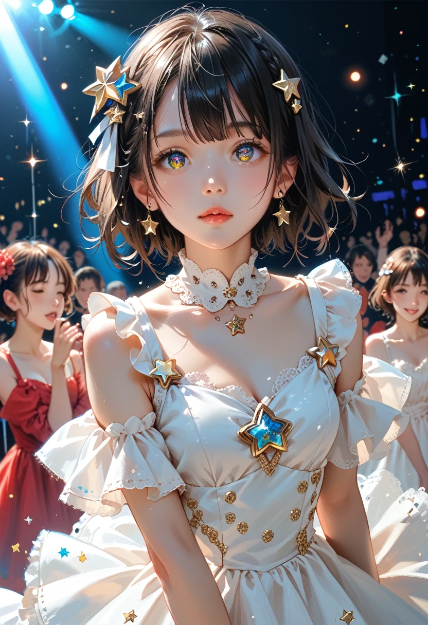 1 girl, One, Best quality, masterpiece , rubi hoshino,  hair ornament, sparkling eyes, star on the eye, (star on the right eye:1), (dress:1.4), (concert 1), On the stage,