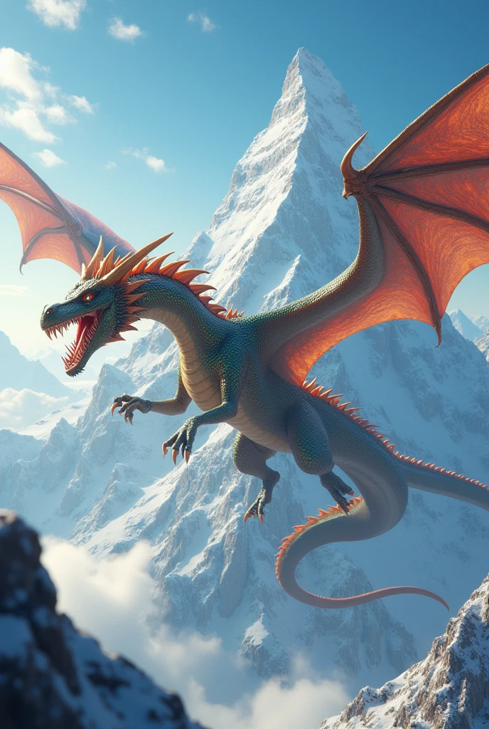 A big dragon flying and the background is mountains