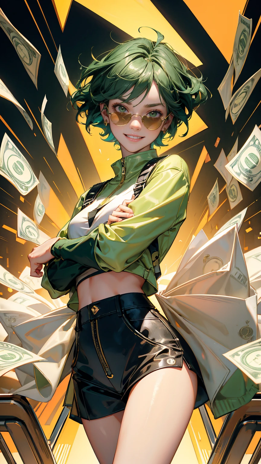 zoom out, full charracer images, all lots of green color A beautiful, cute girl with stylish short hair, wearing sunglasses and a pink crop top, standing confidently in a shopping cart filled with money bags, dollar bills, and gold coins. She is flexing her arms with a big smile, exuding a sense of victory and confidence. The background is split into two contrasting halves: one side shows a dark, stormy sky with worried people and falling stock market candles, while the other side is bright and sunny, with a cheerful sun emoji lifting the market upward, surrounded by flying dollar signs and money bags. Crowds of people in the background are looking astonished or excited, adding to the dramatic financial turnaround theme of the scene.