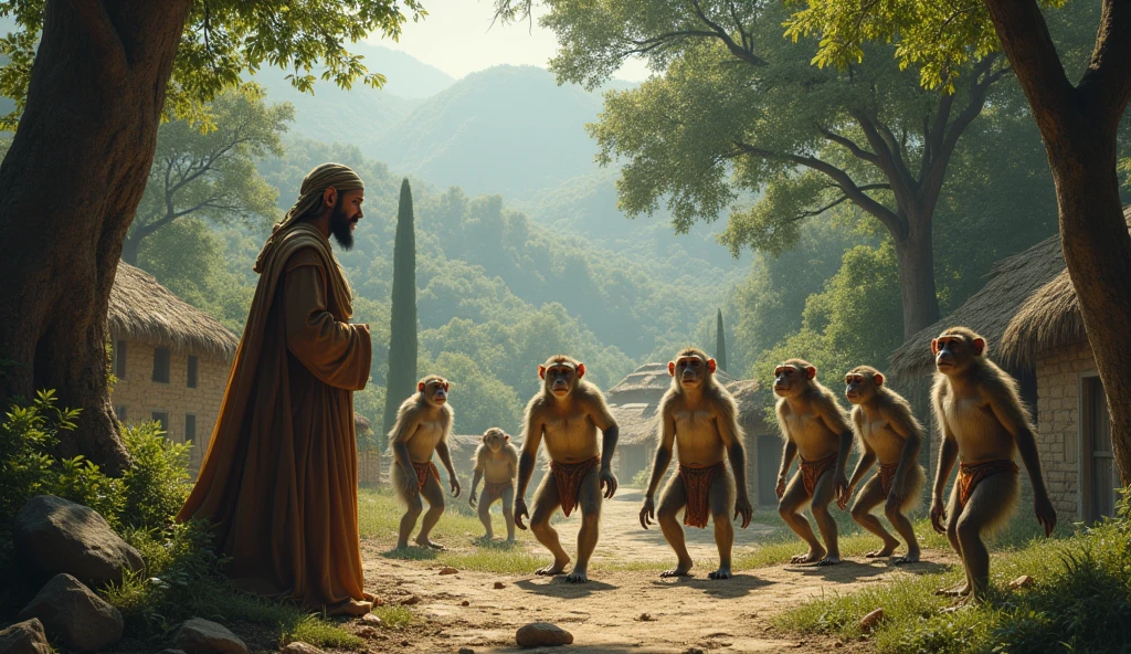 Make phrophet David with his Umma how is turning into monkies from men with the will of God. Also add some forest behind them and some old villages.