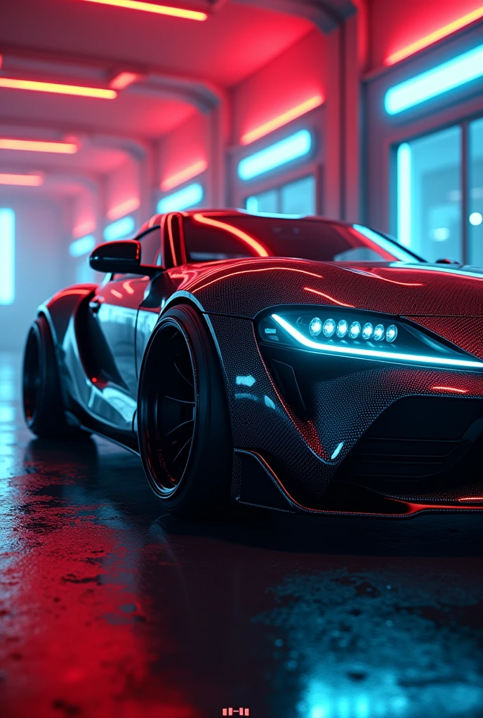 Carbon fiber Toyota supra without front hood in cyber punk and Red and blue neon lights