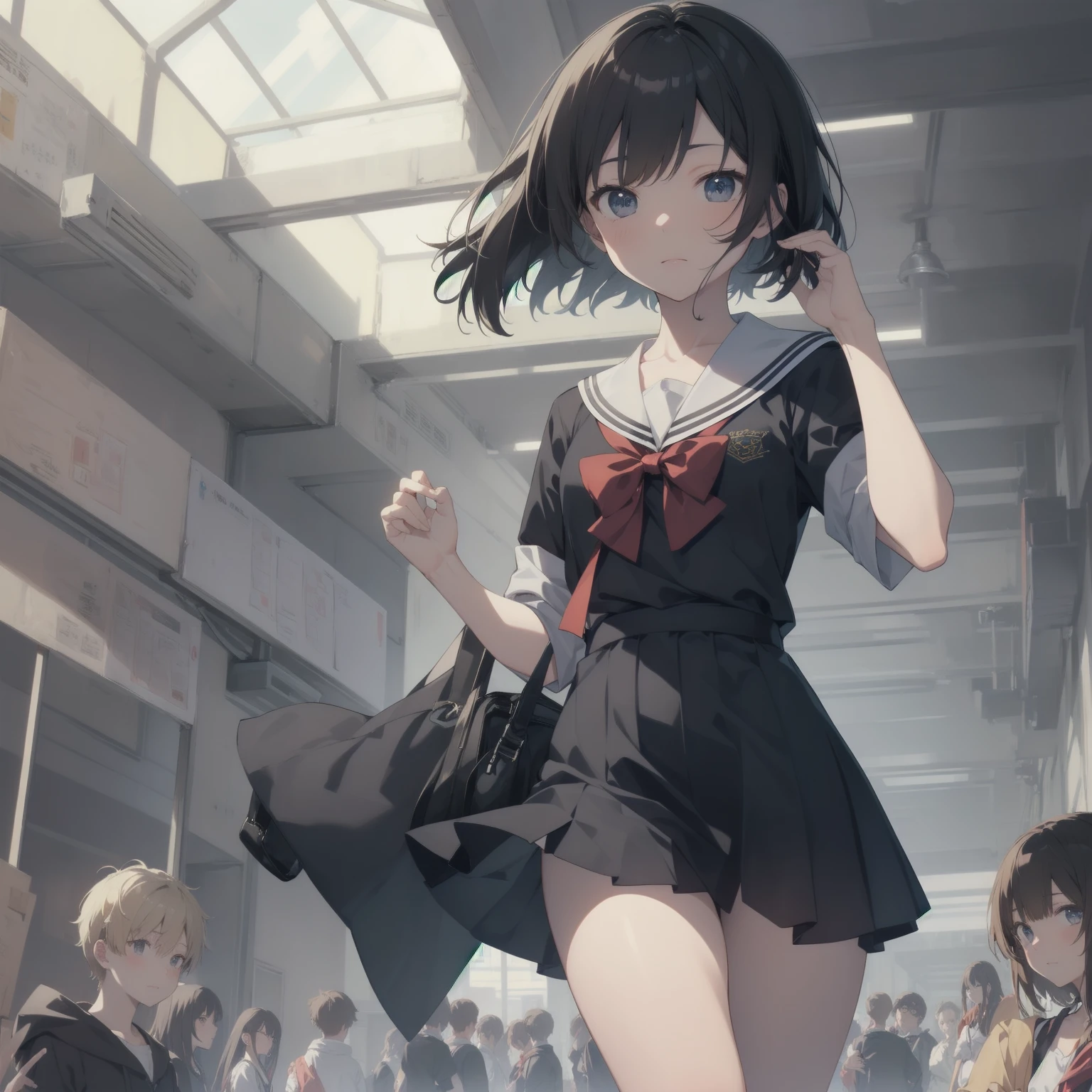 ultra-absurdres-Top quality by artist God, ultra-detailed, high resolution, anime moe artstyle, best anime 8k konachan wallpaper, pixiv contest winner, pool:2810, perfect anatomy,break, 1girl, (Please draw a girl walking sleepily to school alone. )break,(Solo,little female,15yo:1.3),Full limbs, ,a junior high school student, (very short hair), short cut, flat chest, , small butt, small black eyes, beautiful detailed eyes, well-proportioned iris and pupils, expressive eyes, highres detailed hair, soft expression, salor school_uniform, sailor collar, serahuku, bow, pleated skirt,(Detailed Lighting), (Detailed background), in the School commute route. break,super detailed skin, Best cinematic lighting powered by famous artist, 8k,beauty illustration,photoshop_(medium),very aesthetic,break,((artist:takeuchi_takashi )), artist:clamp ,artist:carnelian ,artist:kantoku ,
