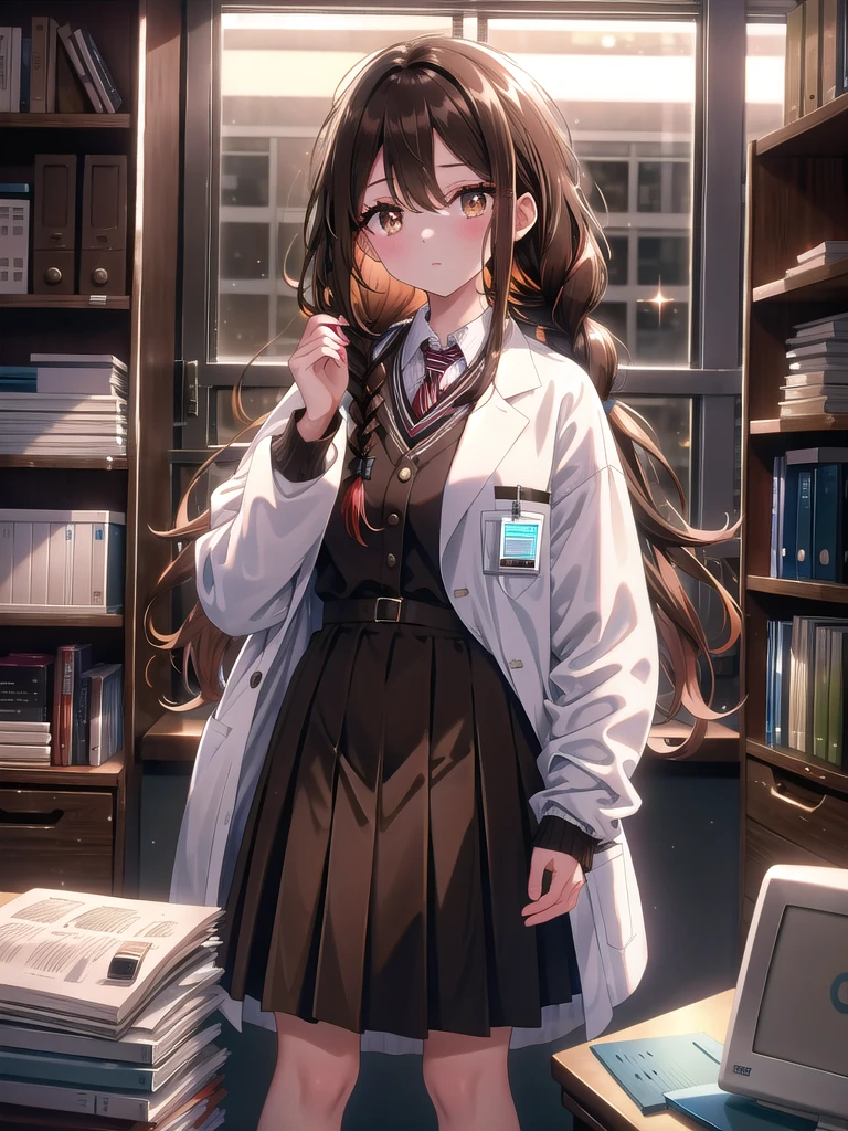 ((8k, Highest Quality, Masterpiece: 1.3)), Ultra High Resolution, (One Girl, One Person), (Color Changing Eyes, Super Detailed, Expressive Shine, Sparkling, Glowing Eyes), Highly Detailed Eyes, ((8k, Highest Quality, Masterpiece: 1.3)), Ultra High Resolution, (One Girl, One Person), (Color Changing Eyes, Super Detailed, Expressive Shine, Sparkling, Glowing Eyes), Highly Detailed Eyes, Scene of Organizing Documents
Her black braided hair is tied up in a single strand, neatly arranged and cascading down her shoulders. Her brown eyes have an intelligent and calm glow, adding confidence and elegance to her face. She is wearing a calm-colored sweater and tight skirt with a knee-length lab coat, and is organizing documents at her desk in the nurse's office. In the background are neat filing cabinets and medical equipment typical of a nurse's office. She stands in front of her desk, sorting through the documents one by one. The camera angle is set slightly downward from above the desk, firmly emphasizing her black braided hair, brown eyes, and knee-length lab coat.