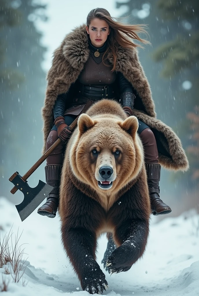 photorealistic of a female Viking warriors with long hair wearing a brown bear fur cloak riding a huge brown bear, detailed face, beautiful woman, holding axe with one hand, charging forward, cowboy shot, snow storm, secluded background, snow forest background, dramatic lighting, high contrast