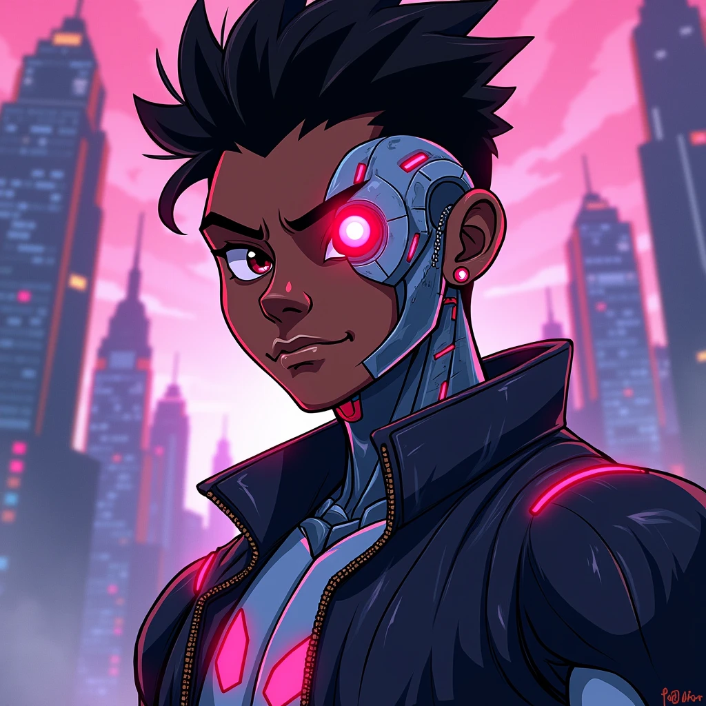 Cartoon 2D, syborg, teen titans, big black man, blue, city, نصف صورت رباتی با یک چشم قرمز