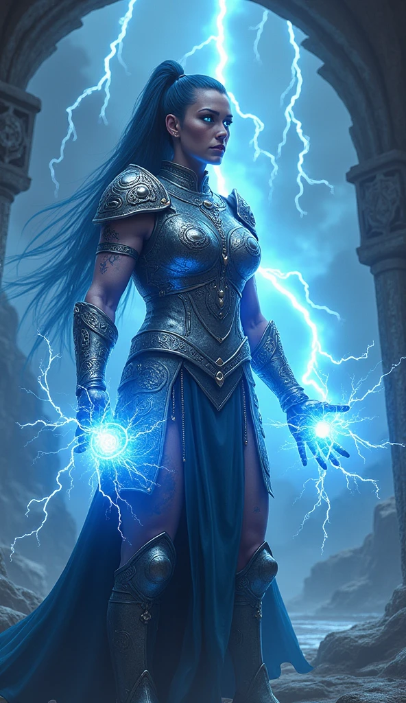 Aletta Ocean, angry evil beautiful and muscular, Nordic female, towering storm Giantess with blue black hair in a ponytail, older and mature woman, throwing a lightning ball, celtic glowing tattoos, wearing silver nordic steel runic plate mail Armour , temple cave background with lightning storm, glowing blue eyes, square jaw, powerful and imposing, winter clothing, pale blue purple skin, ((full plate silver celtic dragon armour)), nordic tattoos with bodybuilder physique 