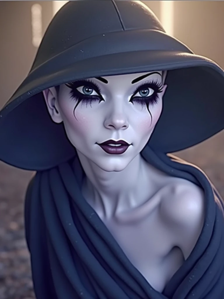 An exquisite, hyper-realistic photograph of a pale Twi'lek, made up and smeared with white chalk. The figure has black eye sockets. The figure stands in the mist at night. The exceptional UHD 8K resolution and physics-based rendering deliver an unprecedented level of detail, resulting in a professional and striking image that captures the essence of the moment., Photo