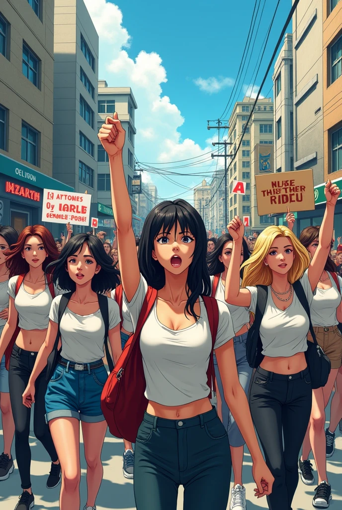 Group of people go on marching in public place (anime photo)