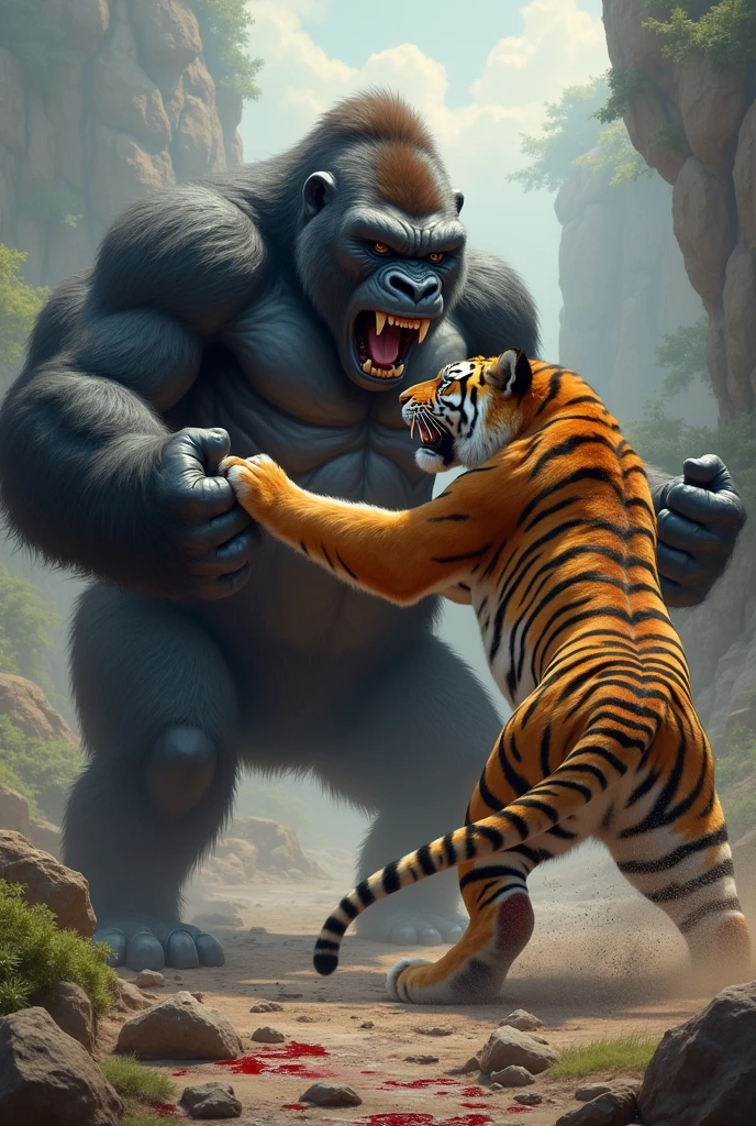 The tiger hits the gorilla with his right hand and the tiger bleeds in its stomach.