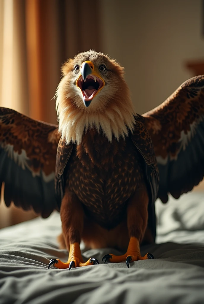 Cinema Style, A scene from selfies, A Griffon,  Eagle's head,  eagle くちばし screaming,
Lion's legs, Eagle Wings, lion tail, on bed, bed room, fantasy,