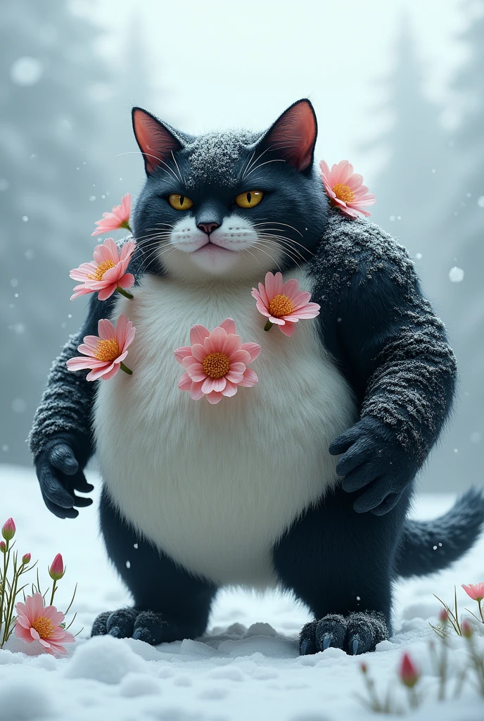 "A plump cat, mutated with black and white flowers, stands angrily on a blanket of white snow."