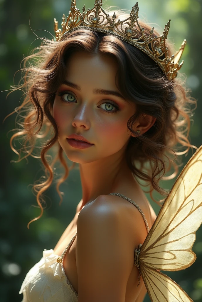 Female fairy, tanned skin, curly brown hair, white eyes, short and skinny and has a crown
