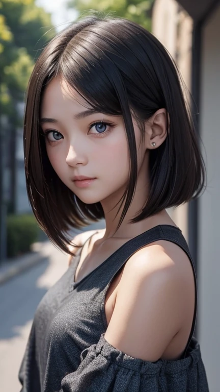 a girl who has short, beautiful shoulder-length hair and eyes that have the impression of a sharp gaze and has a cheeky and indifferent facial gesture
