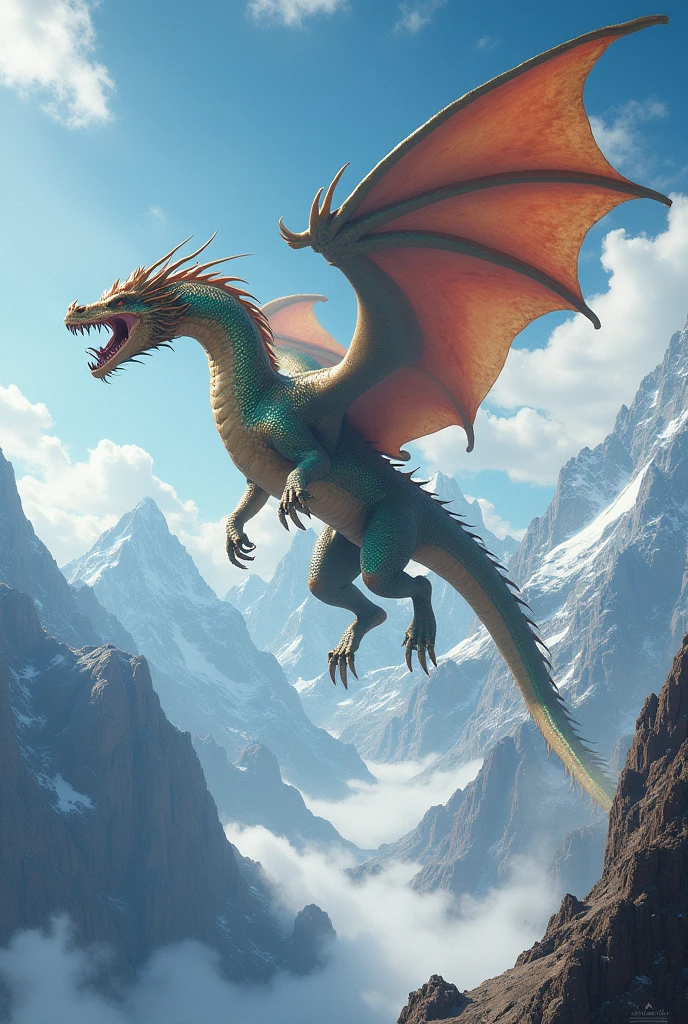 A big dragon flying and the background is mountains