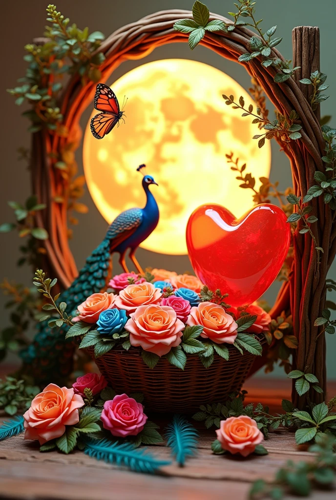 A mesmerising, captivating 3d render of a wooden frame made of small wicker tree branches. There's a basket of wicker full of multi-colour roses in it. There's a big illustration of a colourful butterfly and a coloured peacock with beautiful feathers. There are colourful feathers of different birds scattered around. There's a beautifully crafted 3d design of a red transparent heart with leaves and branches engraved on it. There's a yellow glowing full-size full moon in the background. There's a