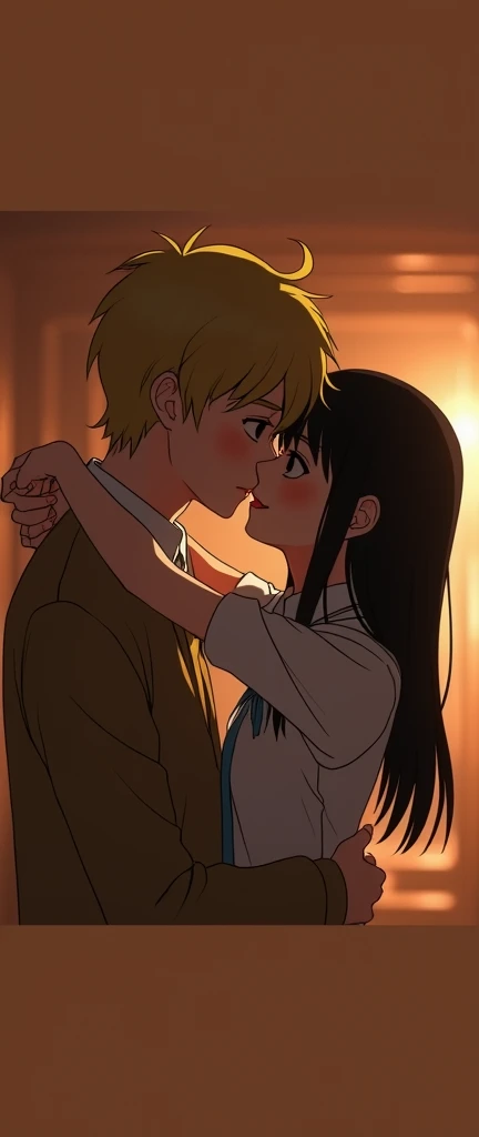 (32K:1.9, Highest quality, masterpiece, Ultra-high resolution), Perfect dynamic composition:1.3, Highly detailed skin and facial textures:1.3, Cute sexy slim Japanese schoolgirl, (Slimman, Height about 180cm), (They both close their eyes, A man hugs and kisses a woman:1.3), Fair skin, ((Clarity:1.1)), (Man is anime「Marmalade Boy」Yuu's uniform:1.3, Bright yellow hair, beautiful目:1.3), (The woman is wearing a uniform with a light blue tie.:1.3, Straight black hair.:1.3, smile:0.9, A man completely charms a woman:0.9, beautiful Blue Eyes, beautiful, Clear Eyes:0.8), Sexy Face:0.4, blush:1.1, (beautifulエロティシズムを醸し出す雰囲気:0.8), Professional random camera work, Cinematic Lighting Effects, (Full Body Shot), (Too erotic), romantic, mysterious, Object of admiration, original, dramatic, artistic, Innovative, charm, Heartful, Fancy, Tilt, sense of loss, special, exciting, Extreme, sense of openness, joy, joyの表現, ((若さのcharm, 女性的なcharm))