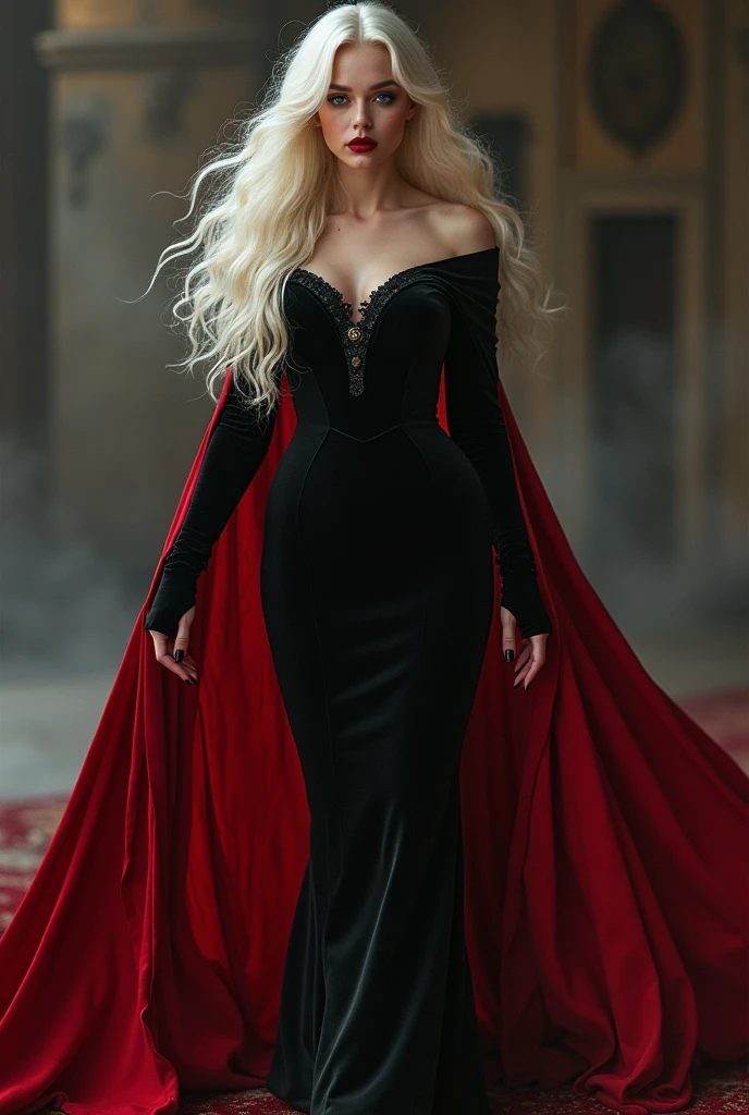 La Signora, the Crimson Witch, whose real name is Rosalyne-Kruzchka Lohefalter, is a whirlwind of fiery charisma and veiled threats. Long bleached blonde hair cascades down her slim yet voluptuous hourglass form. Her blueish-grey eyes, mesmerizing and stormy, hint at a past shrouded in mystery. A black dress with crimson accents clings to her confident stride. Her words drip with honeyed formality, laced with manipulation and condescension. Beneath the surface burns an inferno of rage and an insatiable hunger for revenge, fueled by an ancient grudge. Imagine a cunning aristocrat delivering a veiled threat with a perfectly manicured smile. Sensual and sophisticated femme fatale. Submissive underneath. Motherly empathy, ultra detail, ultra HD, masterpiece, best quality
