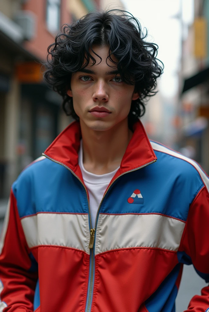 young man 20 years old, soft facial features, dressed in a red, blue and white tracksuit from the 80s, he has grey eyes , he has long black curly hair , and has pale skin
