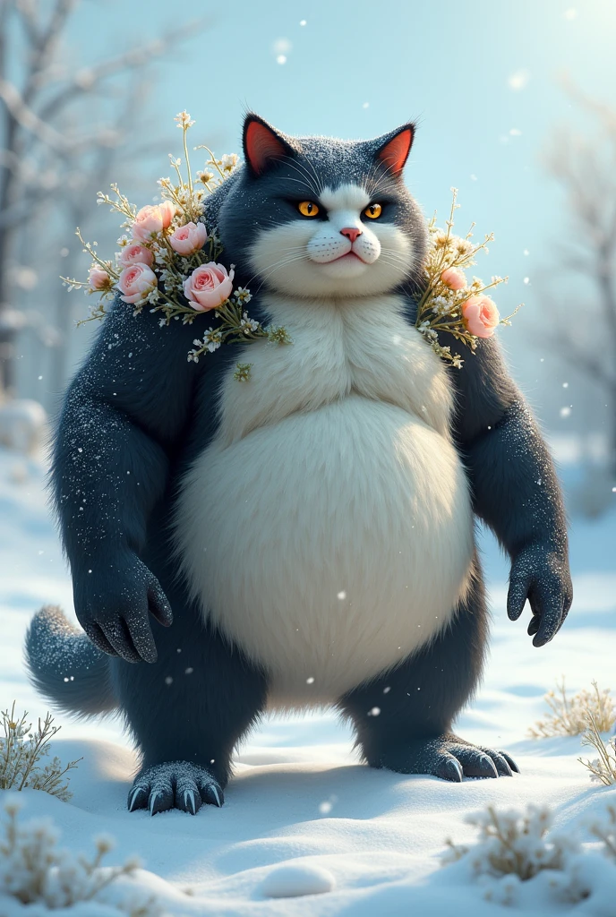 "A plump cat, mutated with black and white flowers, stands angrily on a blanket of white snow."