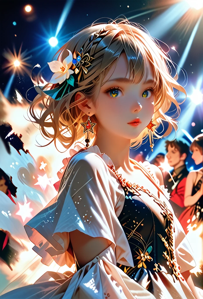 1 girl, One, Best quality, masterpiece , rubi hoshino,  hair ornament, sparkling eyes, star on the eye, (star on the right eye:1), (dress:1.4), (concert 1), On the stage,