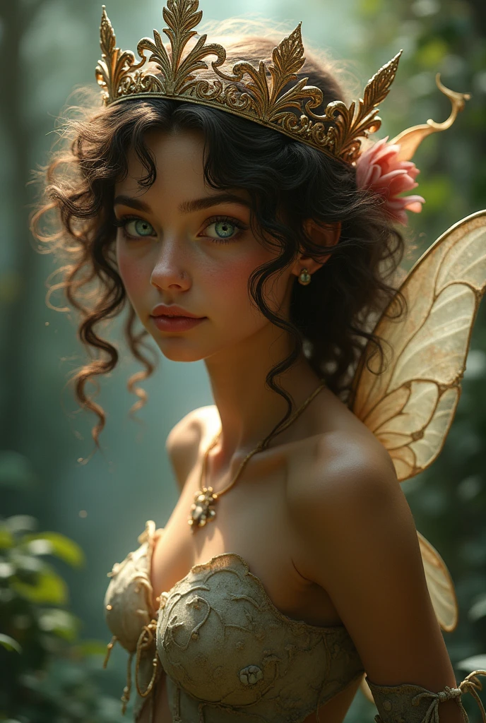 Female fairy, tanned skin, curly brown hair, white eyes, short and skinny and has a crown