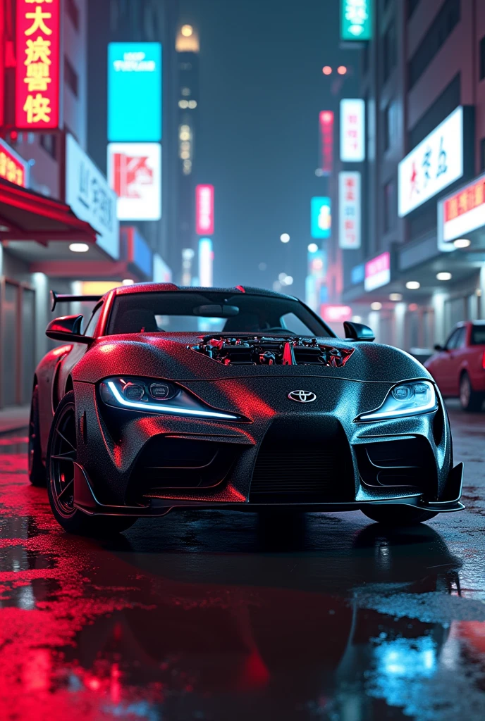 Carbon fiber Toyota supra mk4 without front hood in cyber punk and Red and blue neon lights 